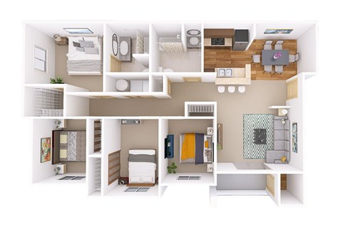 Floor plan for 4 beds, 2 baths, 1424 sqft